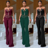 Plus Size Metal buttons V-neck Two-piece Pants Set NY-3598
