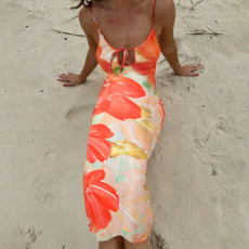Hollow Out Print Backless Sling Long Dress FL-WQ25123PFO