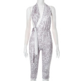 Printed Halterneck Backless Hollow Out Lace-Up Jumpsuit GDSF-J25JP049