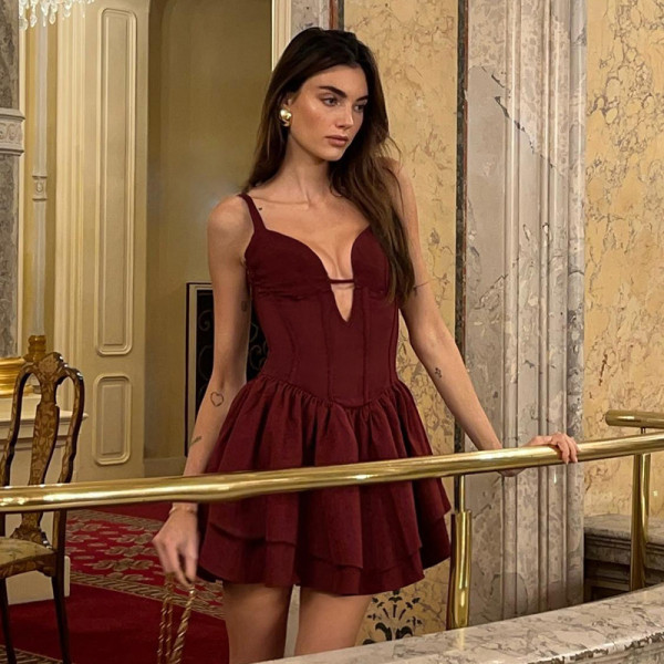 Solid Color V Neck Sleeveless Mini Dress FL-XY25137MHO