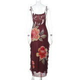Floral Mesh Flutter Split Maxi Dress FL-XY25008DGO