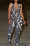 Plus Size Backless Tassel Loose Print Jumpsuit NY-3611