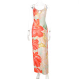 Hollow Out Print Backless Sling Long Dress FL-WQ25123PFO