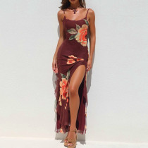 Floral Mesh Flutter Split Maxi Dress FL-XY25008DGO