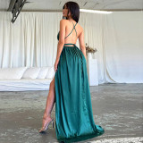 Sexy Deep V Neck Solid Color Satin Halter Maxi Dress FL-YJ25046PFO