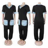 Plus Size V Neck Patchwork Contrast Color Loose Jumpsuit NY-3600