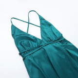 Sexy Deep V Neck Solid Color Satin Halter Maxi Dress FL-YJ25046PFO