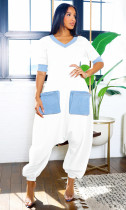 Plus Size V Neck Patchwork Contrast Color Loose Jumpsuit NY-3600