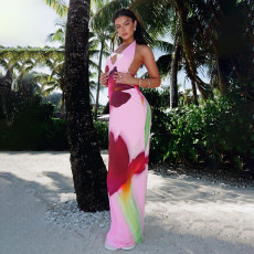 Floral Print Halterneck Backless Maxi Dress FL-XY25130MHO