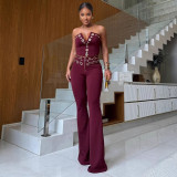Plus Size Metal buttons V-neck Two-piece Pants Set NY-3598