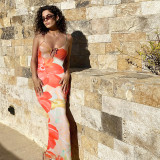 Hollow Out Print Backless Sling Long Dress FL-WQ25123PFO