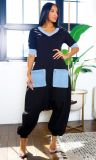 Plus Size V Neck Patchwork Contrast Color Loose Jumpsuit NY-3600