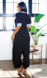 Plus Size V Neck Patchwork Contrast Color Loose Jumpsuit NY-3600