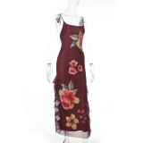 Floral Mesh Flutter Split Maxi Dress FL-XY25008DGO