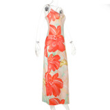 Hollow Out Print Backless Sling Long Dress FL-WQ25123PFO