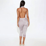 Printed Halterneck Backless Hollow Out Lace-Up Jumpsuit GDSF-J25JP049