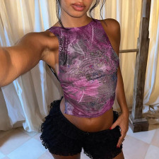 O Neck Sleeveless Print Hot Drill Crop Tops FL-YJ25053MHO
