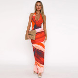 Deep V Neck Print Sexy Maxi Dress FL-JY25060MHO