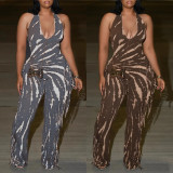 Plus Size Backless Tassel Loose Print Jumpsuit NY-3611