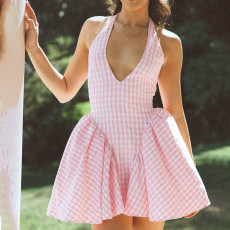 V Neck Plaid Print Contrast Color Mini Dress FL-XY25001PFO