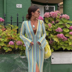 Colorful Weave Loose V-Neck Long Sleeve Maxi  Dress GFRT-32522DBY