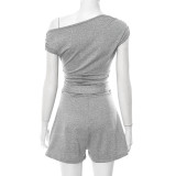 Solid Color Slash Shoulder Tie Up Short Suit GDSF-Q25RP143