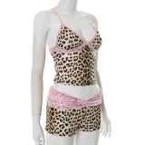 Leopard Print Lace Patchwork Two Piece Short Set GDSF-D25ST139
