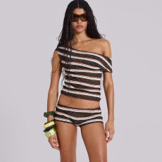 Slash Shoulder Stripe Two Piece Shorts Set XEF-K25S71121