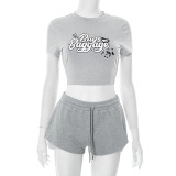 Letter Print Short Sleeve Shorts 2 Piece Set GDSF-D25ST154