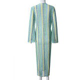 Colorful Weave Loose V-Neck Long Sleeve Maxi  Dress GFRT-32522DBY