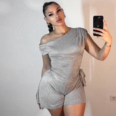 Solid Color Slash Shoulder Tie Up Short Suit GDSF-Q25RP143