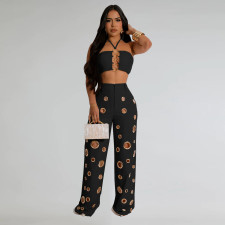 Sexy Halterneck Tops Hollow Out Pants 2 Piece Set BY-7313