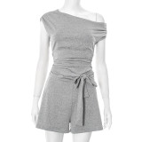 Solid Color Slash Shoulder Tie Up Short Suit GDSF-Q25RP143
