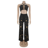 Sexy Halterneck Tops Hollow Out Pants 2 Piece Set BY-7313