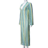 Colorful Weave Loose V-Neck Long Sleeve Maxi  Dress GFRT-32522DBY