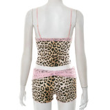 Leopard Print Lace Patchwork Two Piece Short Set GDSF-D25ST139