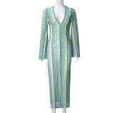 Colorful Weave Loose V-Neck Long Sleeve Maxi  Dress GFRT-32522DBY