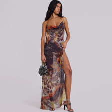 Print Beaded Halterneck Backless Split Maxi Dress XEF-K25D67368