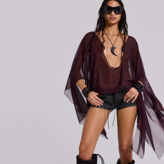 Sheer Solid Color Irregular Poncho Top XEF-K25L69006