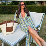 Colorful Weave Loose V-Neck Long Sleeve Maxi  Dress GFRT-32522DBY
