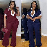 Plus Size Color Block Lapel Micro Flare Jumpsuit NY-11053