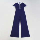 Plus Size Color Block Lapel Micro Flare Jumpsuit NY-11053