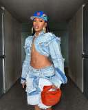 Vintage Washed Denim Long Sleeve Short Suit TR-1332