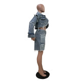 Vintage Washed Denim Long Sleeve Short Suit TR-1332