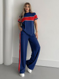 Stripe Patchwork Short Sleeve Top Two Piece Pants Set SH-391374