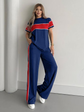 Stripe Patchwork Short Sleeve Top Two Piece Pants Set SH-391374