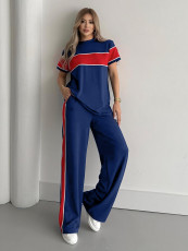 Stripe Patchwork Short Sleeve Top Two Piece Pants Set SH-391374