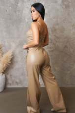 PU Leather Halter Sleeveless Wide Leg Jumpsuit OSM-4479