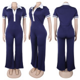 Plus Size Color Block Lapel Micro Flare Jumpsuit NY-11053