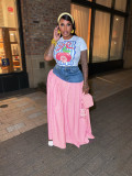 Printed T-shirt Spliced Plaid Split Long Skirt Two-piece Set  SFY-718